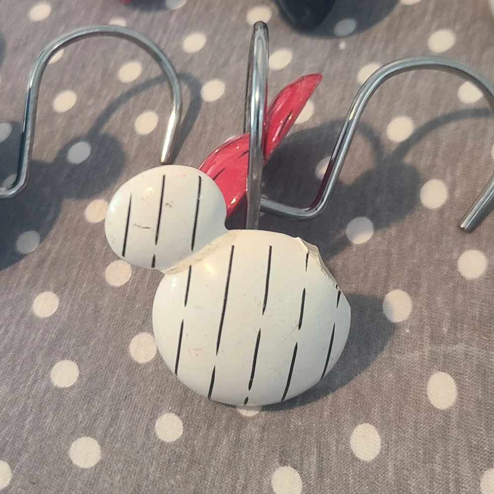 Mickey Mouse Ears Shower Curtain Hooks Stripe Colors Red, Black, White set of 12